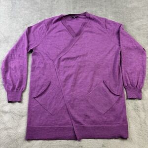 EILEEN FISHER Sweater Cardigan Womens L Purple 100% Wool‎ Wrap Open Front Preppy